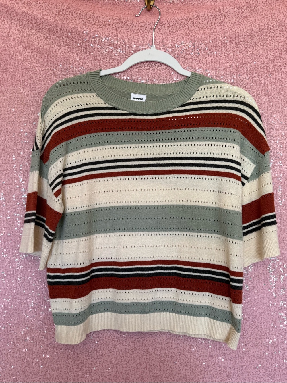 Striped Short-Sleeve Crewneck Sweater in Cream, Sage & Rust - MURAA G5